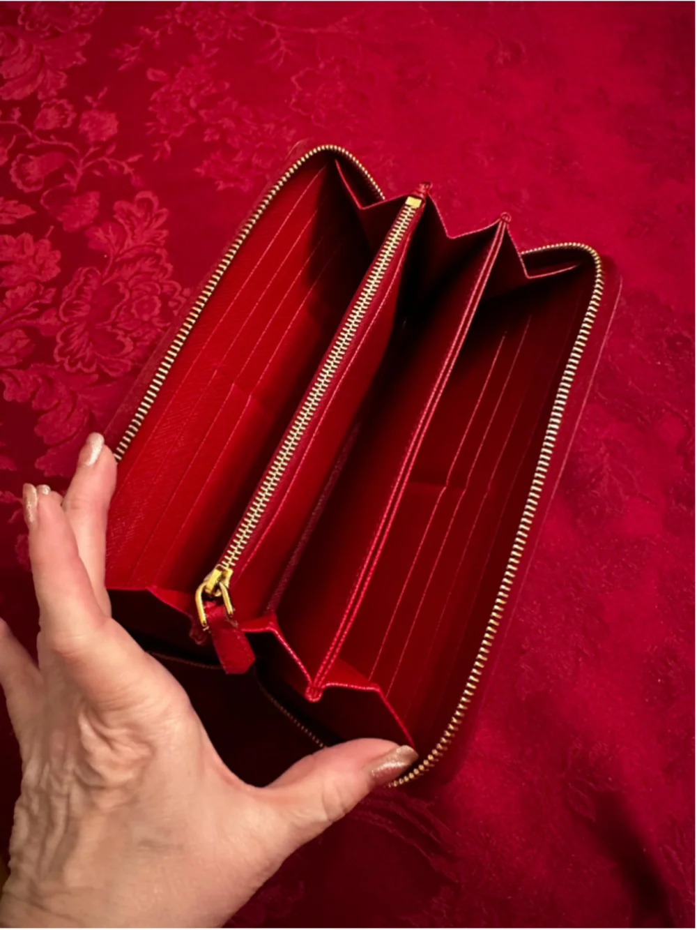 Prada Red Saffiano Leather Long Zip Around Wallet